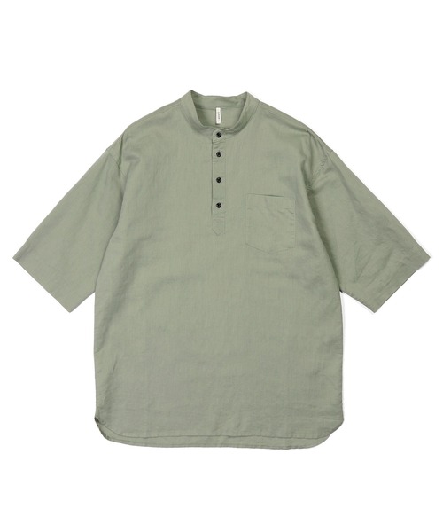 LINEN BLEND BAND COLLAR 3Q SETUP SHIRT：綿麻素材 セットアップ 7分