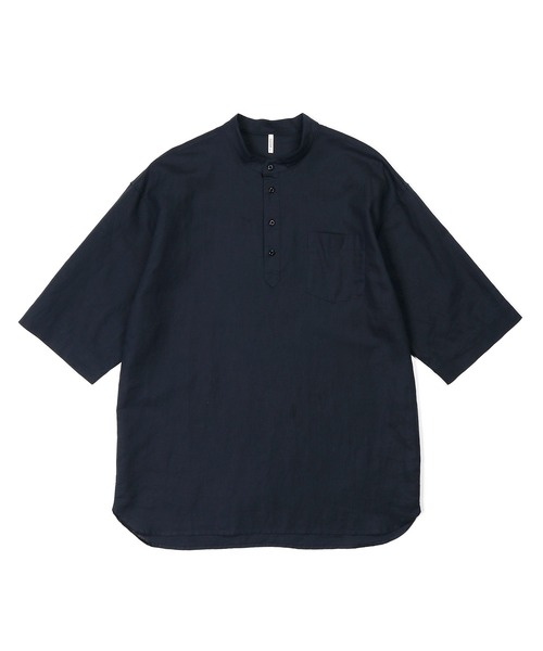 LINEN BLEND BAND COLLAR 3Q SETUP SHIRT：綿麻素材 セットアップ 7分