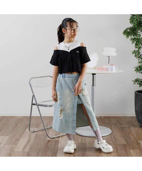 algy（アルジー）の「ドッキングクロップドガーリーT（Tシャツ/カットソー・キッズ・ブラック/グレー/オフホワイト・XX-SMALL/X-SMALL/MEDIUM/SMALL）」の4枚目の写真