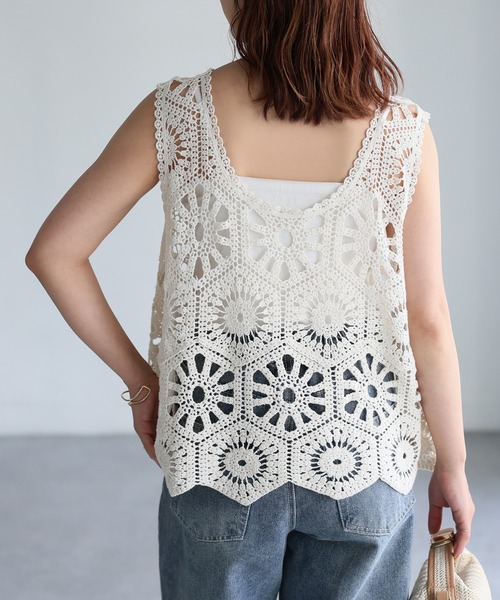 Riberry（リベリー）の「Uネックかぎ針クロシェ編みベスト（ベスト・レディース・キナリ/ブラック・MEDIUM）」の8枚目の写真