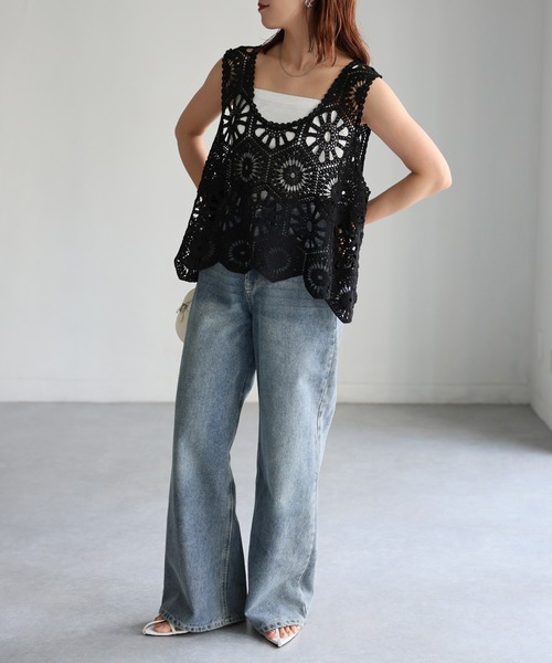 Riberry（リベリー）の「Uネックかぎ針クロシェ編みベスト（ベスト・レディース・キナリ/ブラック・MEDIUM）」の16枚目の写真