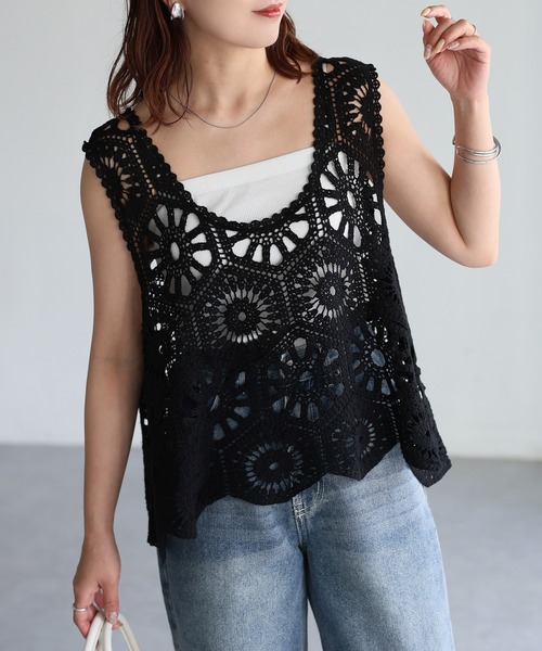 Riberry（リベリー）の「Uネックかぎ針クロシェ編みベスト（ベスト・レディース・キナリ/ブラック・MEDIUM）」の11枚目の写真