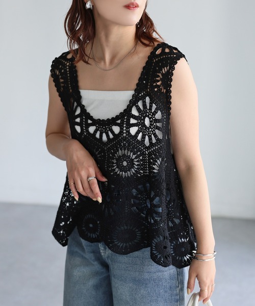 Riberry（リベリー）の「Uネックかぎ針クロシェ編みベスト（ベスト・レディース・キナリ/ブラック・MEDIUM）」の12枚目の写真