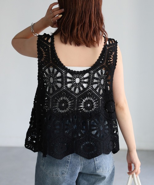 Riberry（リベリー）の「Uネックかぎ針クロシェ編みベスト（ベスト・レディース・キナリ/ブラック・MEDIUM）」の14枚目の写真