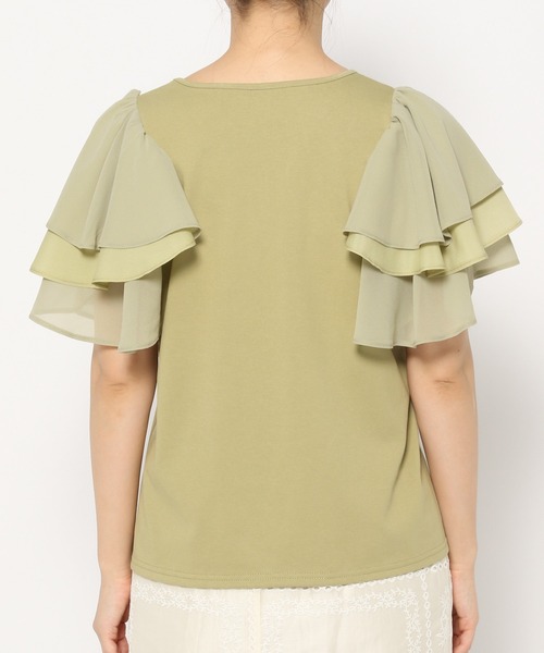 mysty woman(ミスティウーマン)の「異素材フリルスリーブプルオーバー 497238(Tシャツ/カットソー・レディース・オフホワイト/ブラック/グリーン・FREE)」の11枚目の写真