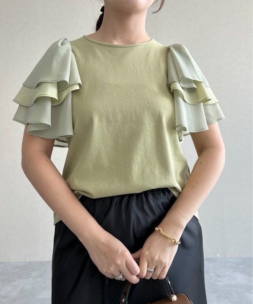 mysty woman(ミスティウーマン)の「異素材フリルスリーブプルオーバー 497238(Tシャツ/カットソー・レディース・オフホワイト/ブラック/グリーン・FREE)」の22枚目の写真