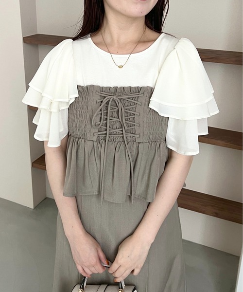 mysty woman(ミスティウーマン)の「異素材フリルスリーブプルオーバー 497238(Tシャツ/カットソー・レディース・オフホワイト/ブラック/グリーン・FREE)」の20枚目の写真