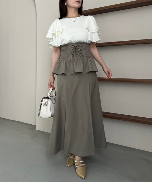 mysty woman(ミスティウーマン)の「異素材フリルスリーブプルオーバー 497238(Tシャツ/カットソー・レディース・オフホワイト/ブラック/グリーン・FREE)」の19枚目の写真