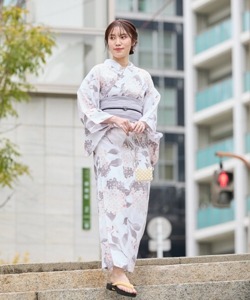綿麻ゆかた　きもの兼用柄　トールサイズ　裄70cm 高身長 花柄浴衣セット（ゆかた＋へこ帯）（トールサイズ