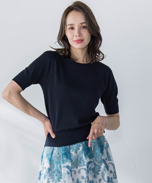 Viaggio Blu(ビアッジョブルー)の「ドライタッチハーフスリーブプルオーバー≪手洗い可能≫(ニット/セーター・レディース・ブルー/ホワイト/キャメル/ネイビー・M/S)」の1枚目の写真