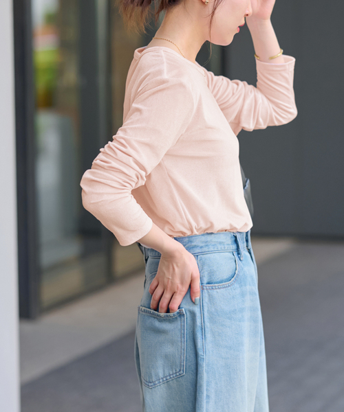 JOURNAL STANDARD relume（ジャーナルスタンダード　レリューム）の「シアーベロアクルーネックロングTEE（Tシャツ/カットソー・レディース・ブラウン/グリーン/ピンク/チャコールグレー・FREE）」の9枚目の写真