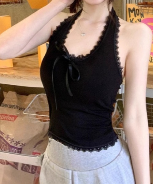 ROOPTOKYO(ループトウキョウ)の「Lace Design Halter Neck Cami / レースデザイン ホルターネックキャミ(キャミソール・レディース・ホワイト/ブラック/グレー・FREE)」の3枚目の写真
