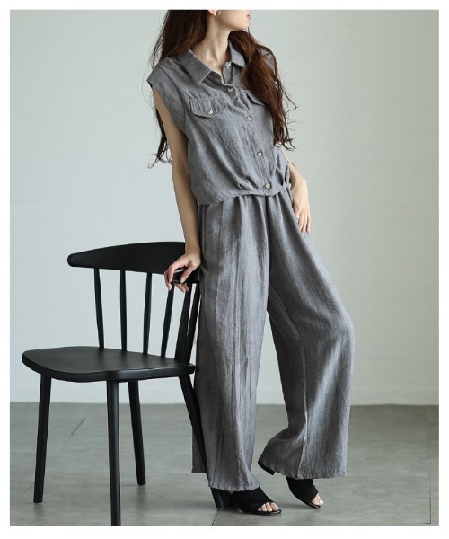 Sawa a la mode(サワアラモード)の「ノースリーブシャツ&ワイドパンツセットアップ(セットアップ・レディース・グレー/ライトブルー・FREE)」の15枚目の写真