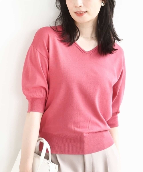 OFUON le MK(オフオンルエムケー)の「ハイゲージVネックニット/UVカット/接触冷感/洗える/WEB限定サイズあり(ニット/セーター・レディース・ライトブルー/ピンク/ブラウン/ホワイト・38/36)」の4枚目の写真