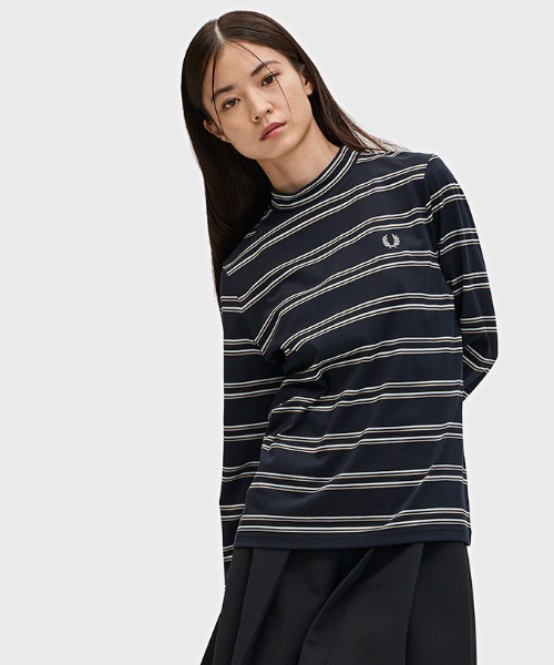 セール】Striped Mock Neck Top／ストライプモックネックトップス（T