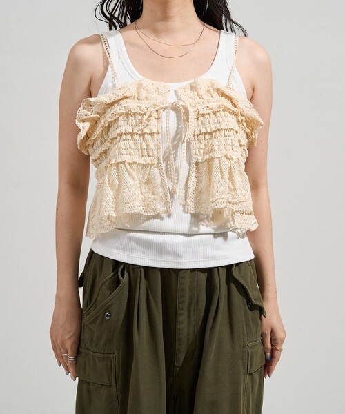 FREAK'S STORE(フリークスストア)の「ヴィンテージ風 2WAYレースビスチェ/バックリボン キャミビスチェ(キャミソール・レディース・ブラック/オフホワイト・フリ-)」の9枚目の写真