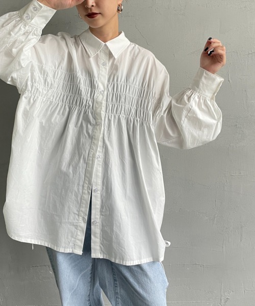 JF Ready Made（ジェイエフレディメイド）の「[Jf Ready Made/ジェイエフレディメイド] サイドリボン ギャザーシャツブラウス（シャツ/ブラウス・レディース・ホワイト/ブラック/サックスブルー/オフホワイト・F）」の7枚目の写真