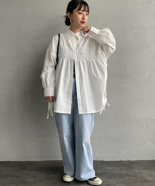 JF Ready Made（ジェイエフレディメイド）の「[Jf Ready Made/ジェイエフレディメイド] サイドリボン ギャザーシャツブラウス（シャツ/ブラウス・レディース・ホワイト/ブラック/サックスブルー/オフホワイト・F）」の18枚目の写真