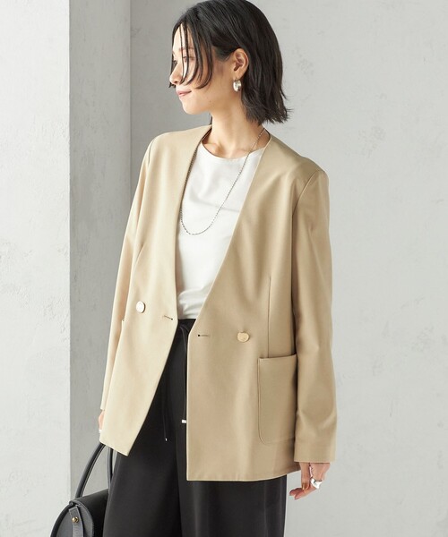 SHIPS（シップス）の「〈吸水速乾 / 防シワ加工 / 洗濯機可能〉スーティング ジャージー カラーレス ジャケット（ノーカラージャケット・レディース・ベージュ/ネイビー・36/38）」の10枚目の写真