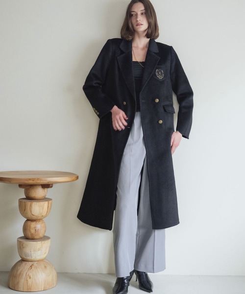 ELFRANK(エルフランク)の「【ウール70%】プレッピー エンブレム刺繍 ロングコート チェスターコート ウールコート(チェスターコート・レディース・ブラック/チャコールグレー・S/M)」の5枚目の写真