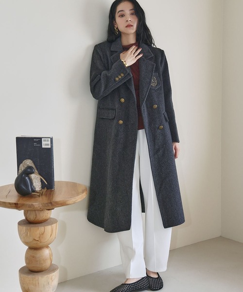 ELFRANK(エルフランク)の「【ウール70%】プレッピー エンブレム刺繍 ロングコート チェスターコート ウールコート(チェスターコート・レディース・ブラック/チャコールグレー・S/M)」の15枚目の写真