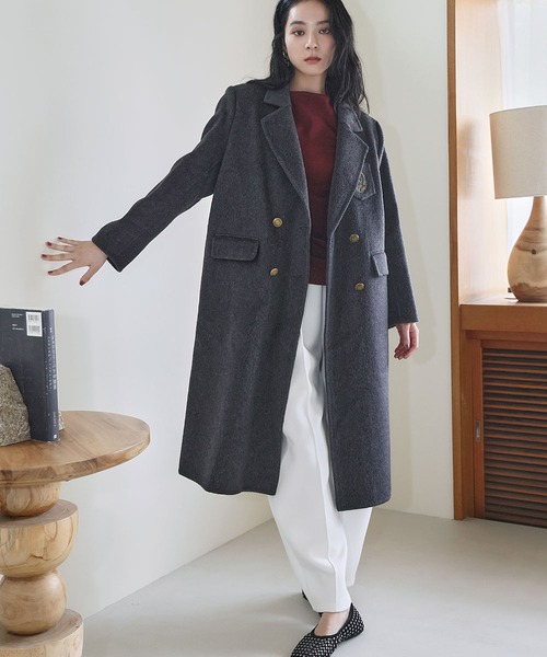 ELFRANK(エルフランク)の「【ウール70%】プレッピー エンブレム刺繍 ロングコート チェスターコート ウールコート(チェスターコート・レディース・ブラック/チャコールグレー・S/M)」の19枚目の写真