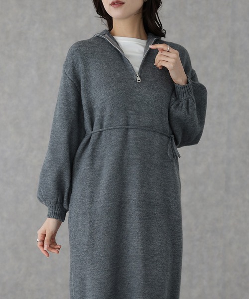 Lace Ladies(レースレディース)の「スタンドカラー ハーフジップ ロング ニット ワンピース(ワンピース・レディース・ベージュ/ダークグレー/ブラック・S/FREE)」の2枚目の写真
