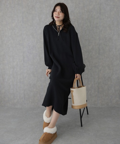Lace Ladies(レースレディース)の「スタンドカラー ハーフジップ ロング ニット ワンピース(ワンピース・レディース・ベージュ/ダークグレー/ブラック・S/FREE)」の14枚目の写真