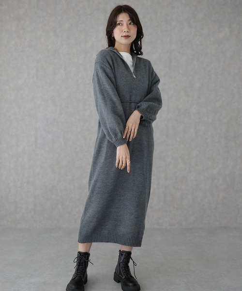 Lace Ladies(レースレディース)の「スタンドカラー ハーフジップ ロング ニット ワンピース(ワンピース・レディース・ベージュ/ダークグレー/ブラック・S/FREE)」の15枚目の写真