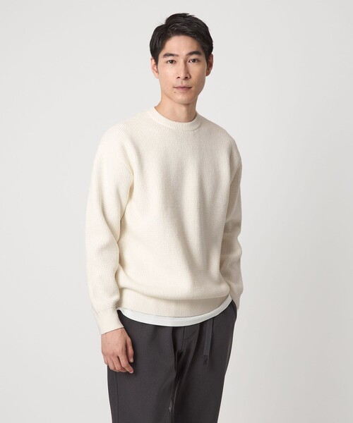 コットン ポリエステル ワッフル クルーネック ニット（ニット