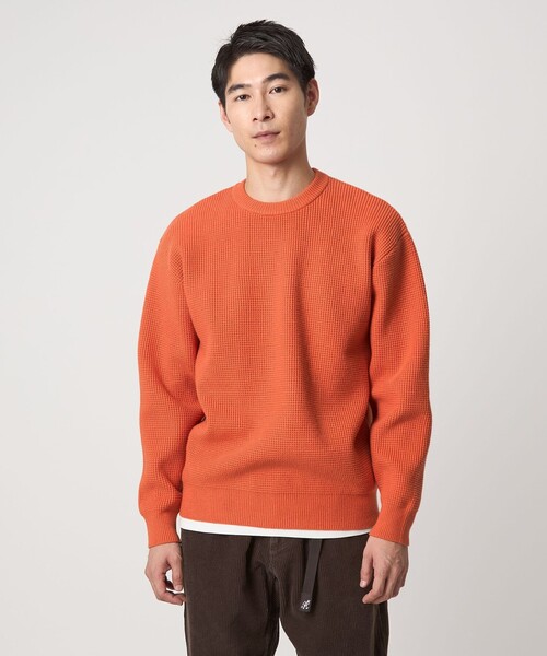 green label relaxing（グリーンレーベルリラクシング）の「コットン ポリエステル ワッフル クルーネック ニット（ニット/セーター・メンズ・ホワイト/オレンジ/ブラック/ライム・S/XL/L/M）」の4枚目の写真