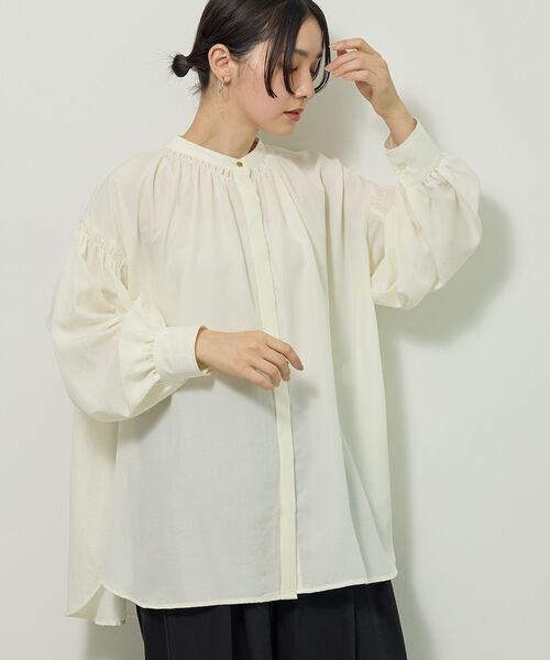 Green Parks(グリーンパークス)の「ease blue.バックシャーリングブラウス(シャツ/ブラウス・レディース・ブラック/オフホワイト/グレー・FREE)」の1枚目の写真