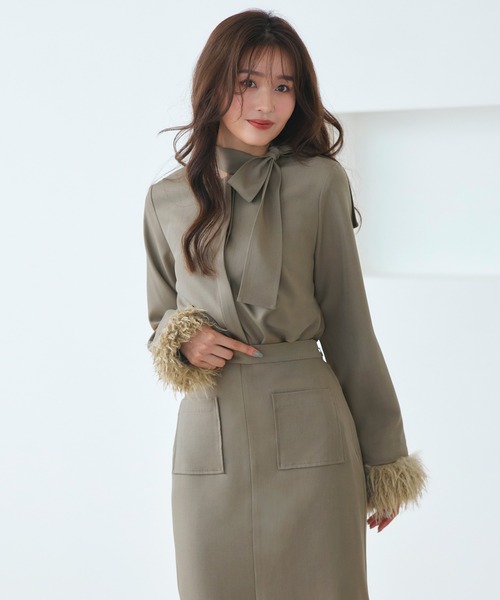 ルイルエブティック（RUIRUE BOUTIQUE）/【2way/洗える】ファーカフス ボウタイトップス＆ナロースカート 2WAY 洗える ｜ ファーカフス ボウタイ トップス ＆ ナロースカート