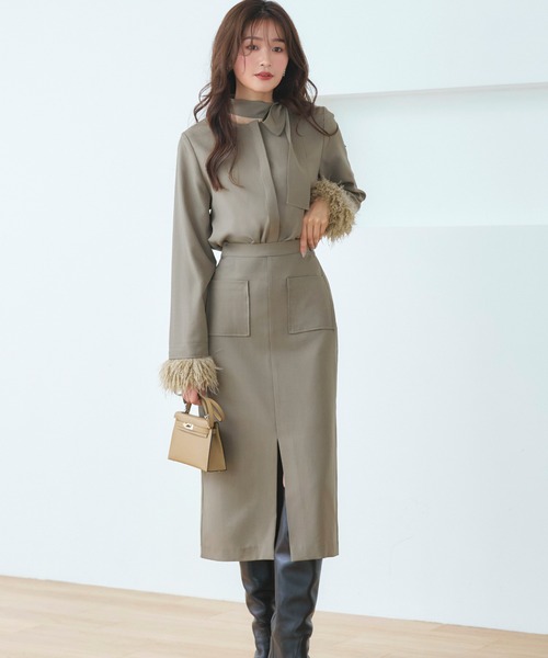 2WAY 洗える ｜ ファーカフス ボウタイ トップス ＆ ナロースカート