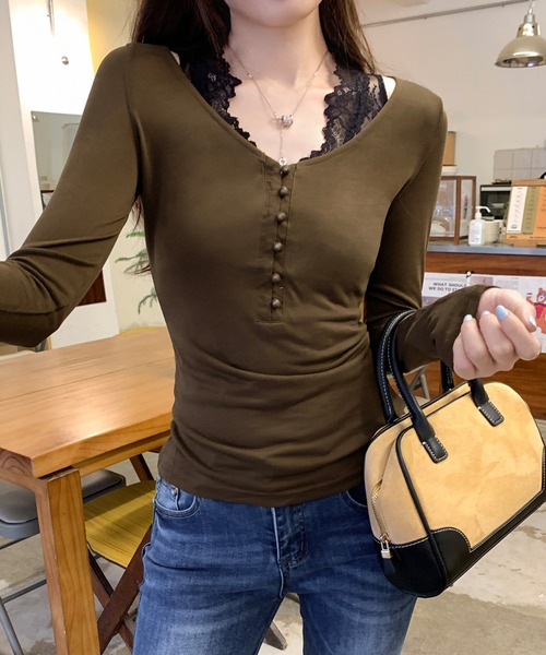 semuse(セミューズ)の「ヘンリーネックロンT(Tシャツ/カットソー・レディース・ブラック/カーキ/ホワイト/ライトグレー・S/M/L)」の4枚目の写真