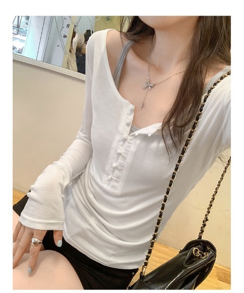 semuse(セミューズ)の「ヘンリーネックロンT(Tシャツ/カットソー・レディース・ブラック/カーキ/ホワイト/ライトグレー・S/M/L)」の6枚目の写真