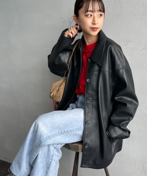 JEANS FACTORY Clothes（ジーンズファクトリークローズ）の「[Jeans Factory Clothes/ジーンズファクトリークローズ] スリーブデザイン オーバーサイズ フェイクレザー ジャケット（ライダースジャケット・レディース・ブラック/ブラウン・F）」の10枚目の写真