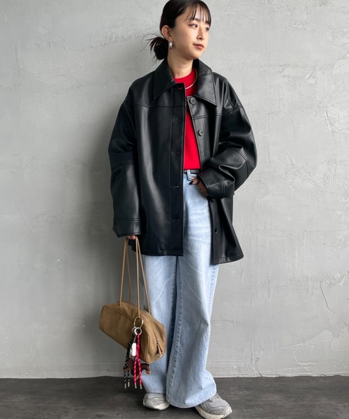 JEANS FACTORY Clothes（ジーンズファクトリークローズ）の「[Jeans Factory Clothes/ジーンズファクトリークローズ] スリーブデザイン オーバーサイズ フェイクレザー ジャケット（ライダースジャケット・レディース・ブラック/ブラウン・F）」の14枚目の写真