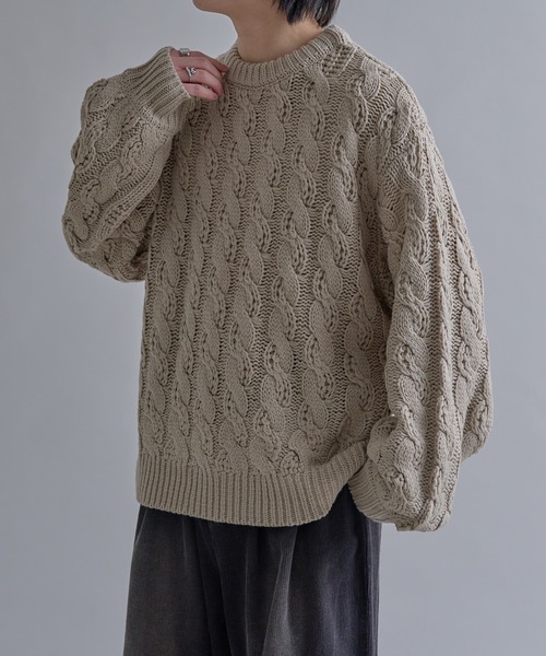 epnok（エプノック）の「ケーブルルーズニット（ニット/セーター・メンズ・レッド/ベージュ/チャコールグレー・SMALL/MEDIUM/LARGE）」の14枚目の写真