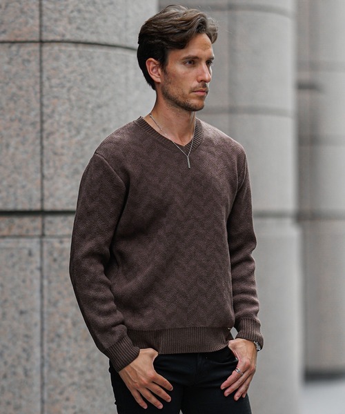 SOMEDIFF（サムディフ）の「【SOMEDIFF】 7GG変わり編みニット メンズ セーター クルーネック Vネック ショールカラー アクリル 春服 冬服（ニット/セーター・メンズ・ホワイト/ブラック/ブルー/ブラック系その他/ブラウン/ブラック系その他2/ネイビー/カーキ/ブラウン系その他・M/L/XL）」の6枚目の写真