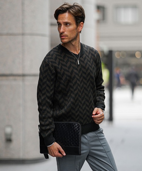SOMEDIFF（サムディフ）の「【SOMEDIFF】 7GG変わり編みニット メンズ セーター クルーネック Vネック ショールカラー アクリル 春服 冬服（ニット/セーター・メンズ・ホワイト/ブラック/ブルー/ブラック系その他/ブラウン/ブラック系その他2/ネイビー/カーキ/ブラウン系その他・M/L/XL）」の4枚目の写真