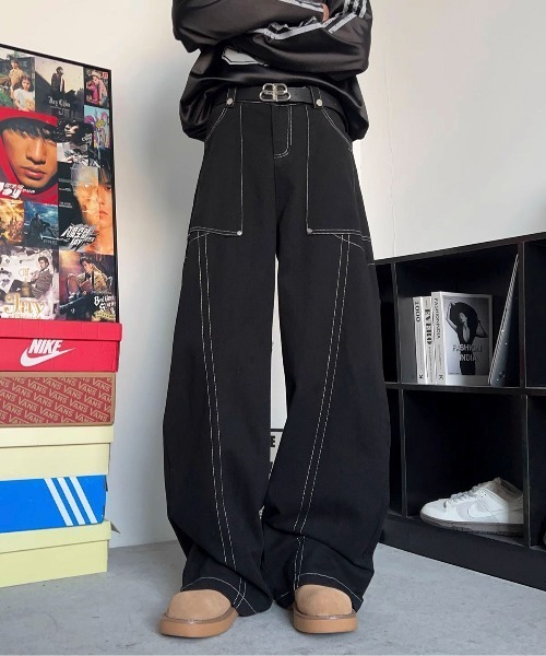 link lot(リンクロット)の「【ウエストゴム】ステッチデザインビッグポケットストレートブラックパンツ(チノパンツ・メンズ・ブラック・M/L)」の6枚目の写真