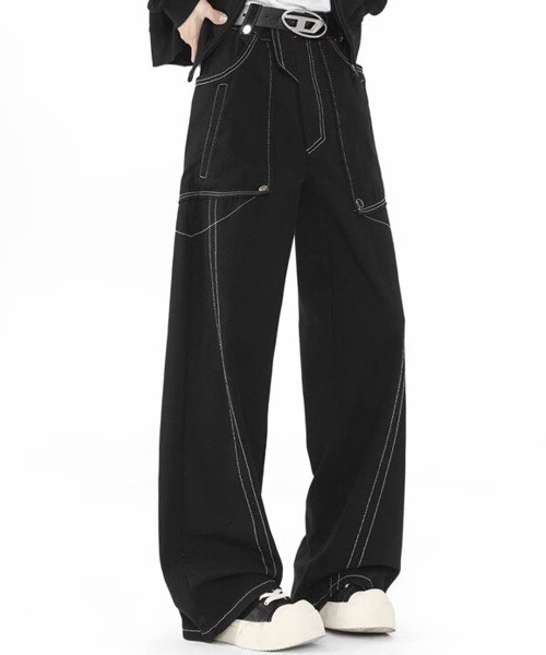 link lot(リンクロット)の「【ウエストゴム】ステッチデザインビッグポケットストレートブラックパンツ(チノパンツ・メンズ・ブラック・M/L)」の9枚目の写真