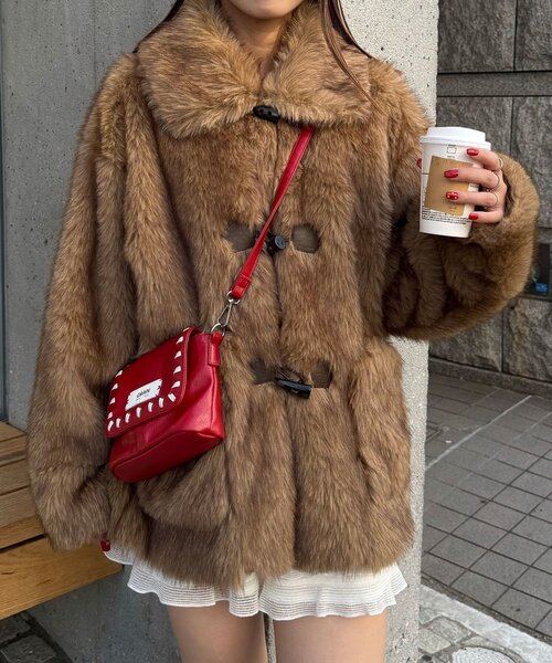 T.japan新品タグ付きブラウンファーコート ラウンドカラー ボタン付き stand collar fur coat /スタンドカラーボタンファーミドルコート