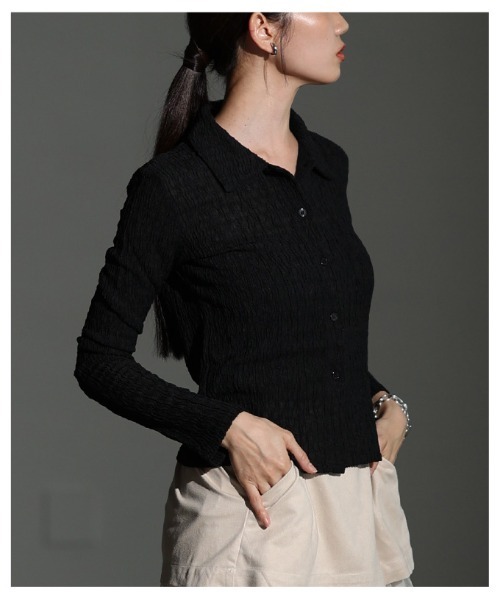 Sawa a la mode（サワアラモード）の「ジャガードシャーリングポロトップス（Tシャツ/カットソー・レディース・ブラウン/ブラック・FREE）」の5枚目の写真