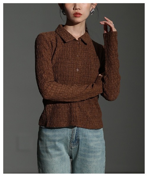 Sawa a la mode（サワアラモード）の「ジャガードシャーリングポロトップス（Tシャツ/カットソー・レディース・ブラウン/ブラック・FREE）」の15枚目の写真