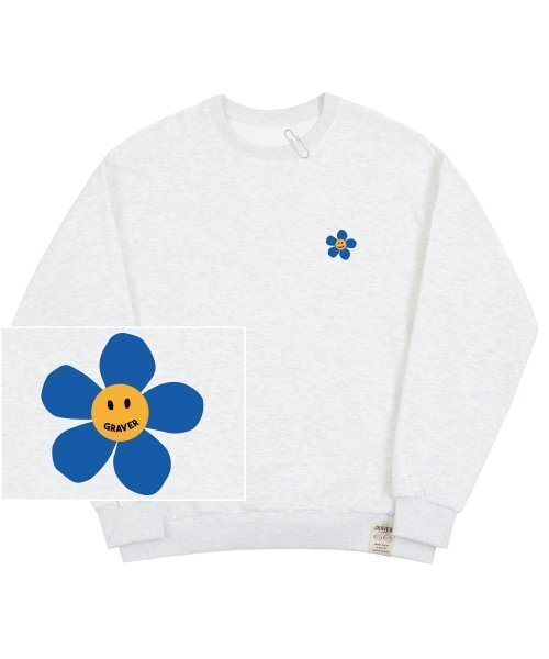 GRAVER（グレーバー）の「[UNISEX]ブルーフラワードットスマイルロゴマンツーマン_メランジホワイト（スウェット・レディース・ホワイト・SMALL/MEDIUM/LARGE/X-LARGE）」の2枚目の写真