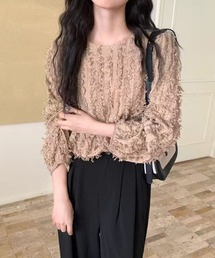 クルーネック シャギー ジャガード 長袖 プルオーバー