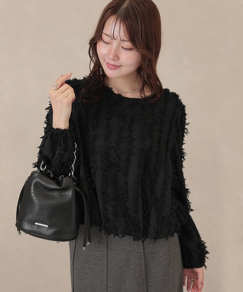 Lace Ladies(レースレディース)の「クルーネック シャギー ジャガード 長袖 プルオーバー(Tシャツ/カットソー・レディース・ブラック/アイボリー/ベージュ・FREE)」の1枚目の写真