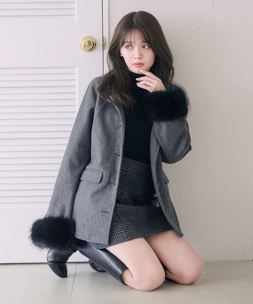 fur sleeve Mid stand collar coat / 袖ファーミドル丈ステンカラー